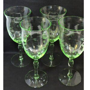 Set Of 4 Vintage Tiffin Elinar Green Etched Wine Glasses Flowers And Leaves